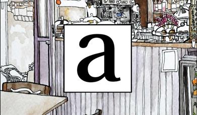 Aubergine Café an 'a' in lowercase displayed infant of a sketched background of a cafe